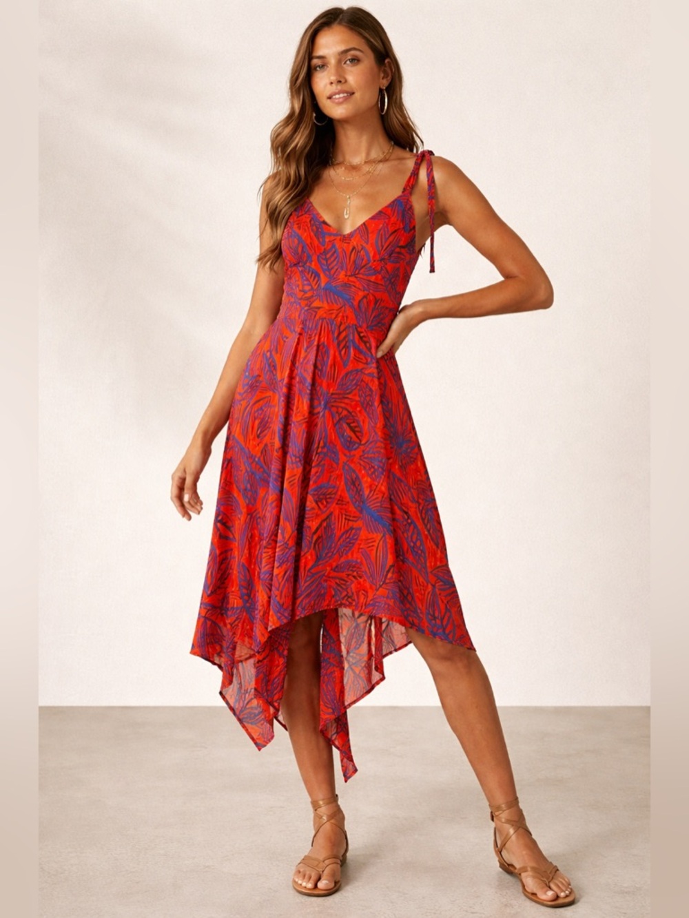 Alexis x Target Red Tropical Leaf Tie Strap Asymmetrical Hem Midi Dress‎ XS Boho